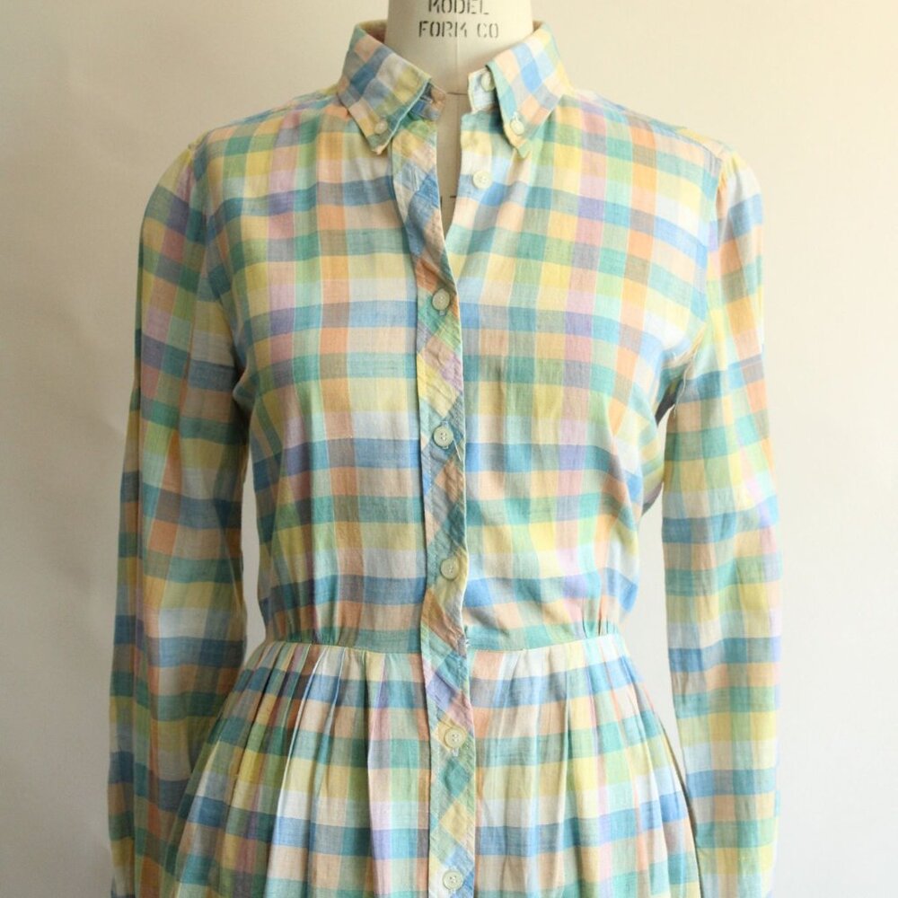 Vintage 1970s 1980s Dress with Pockets, Parade Pastel Plaid Shirtwaist, - Picture 3 of 10